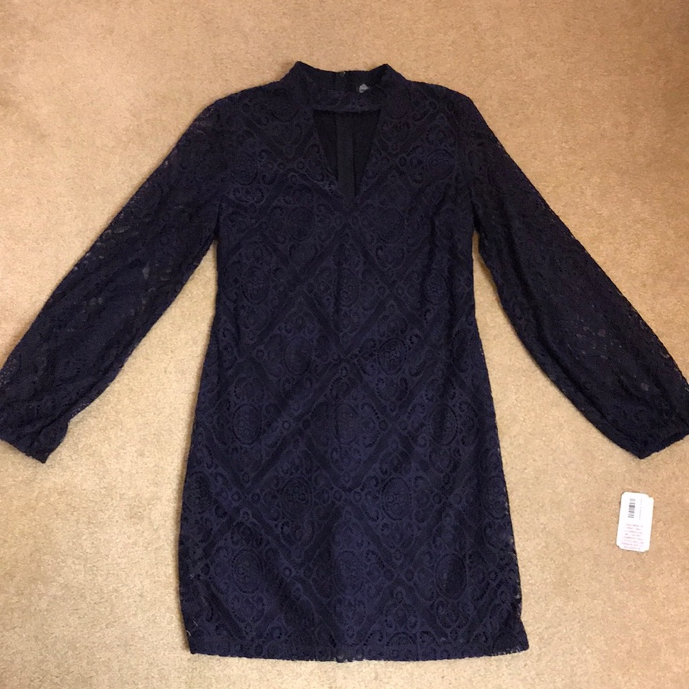 NWT Navy lace long-sleeve choker dress